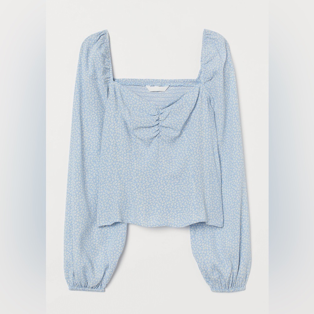 H&M • Blue Puff Sleeve Ruched Blouse
